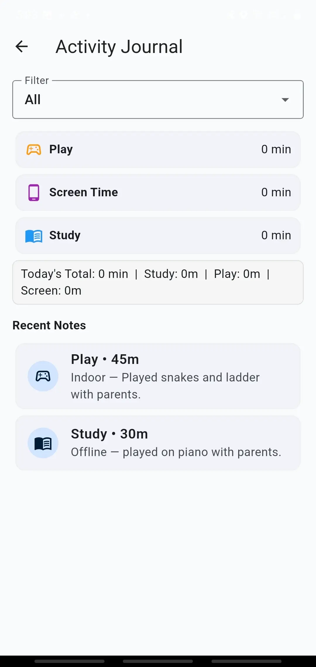 KidzPAN Child app activity journal showing play, screen time, study, and recent notes.