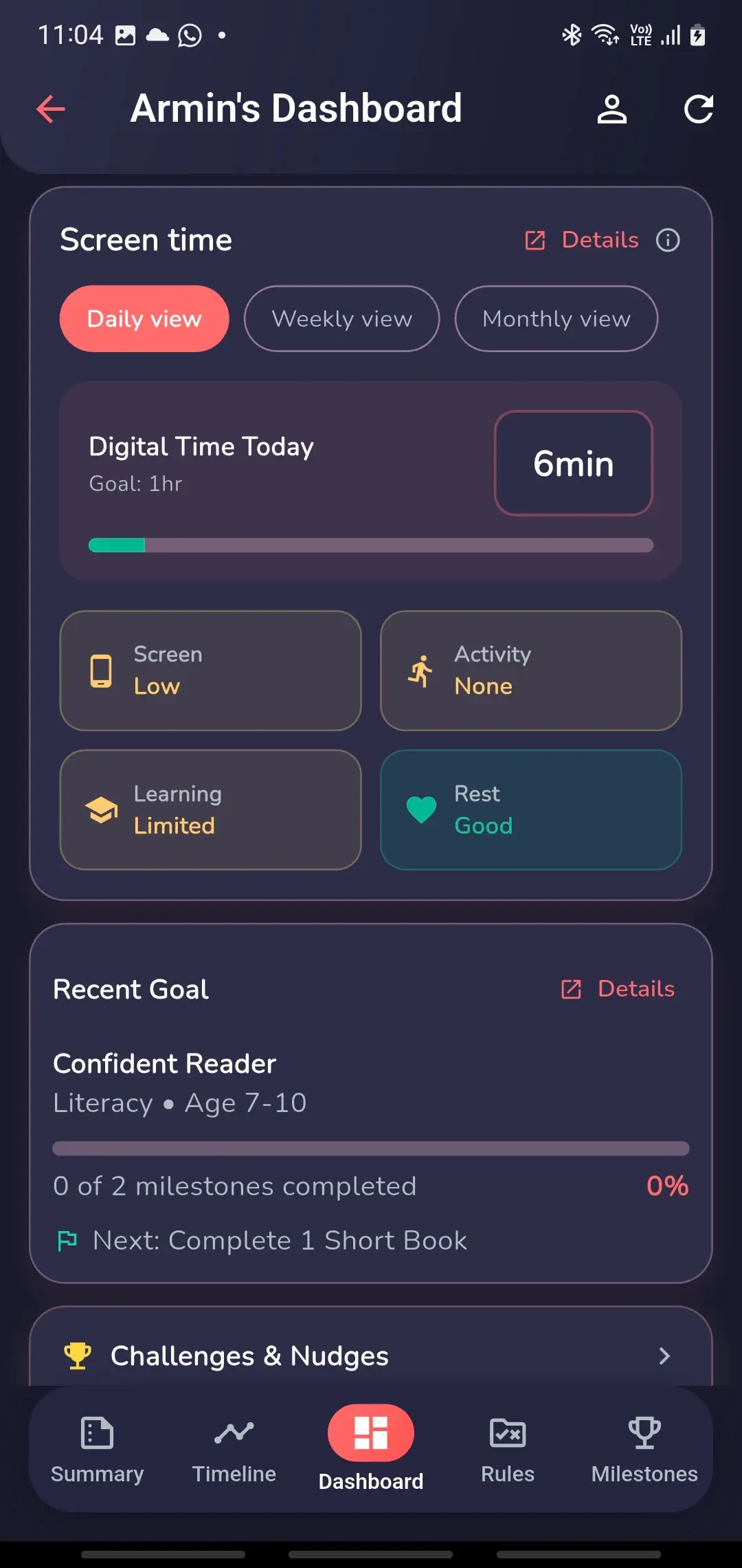KidzPAN Parent app child dashboard showing screen time, activity, learning, rest, and goals.