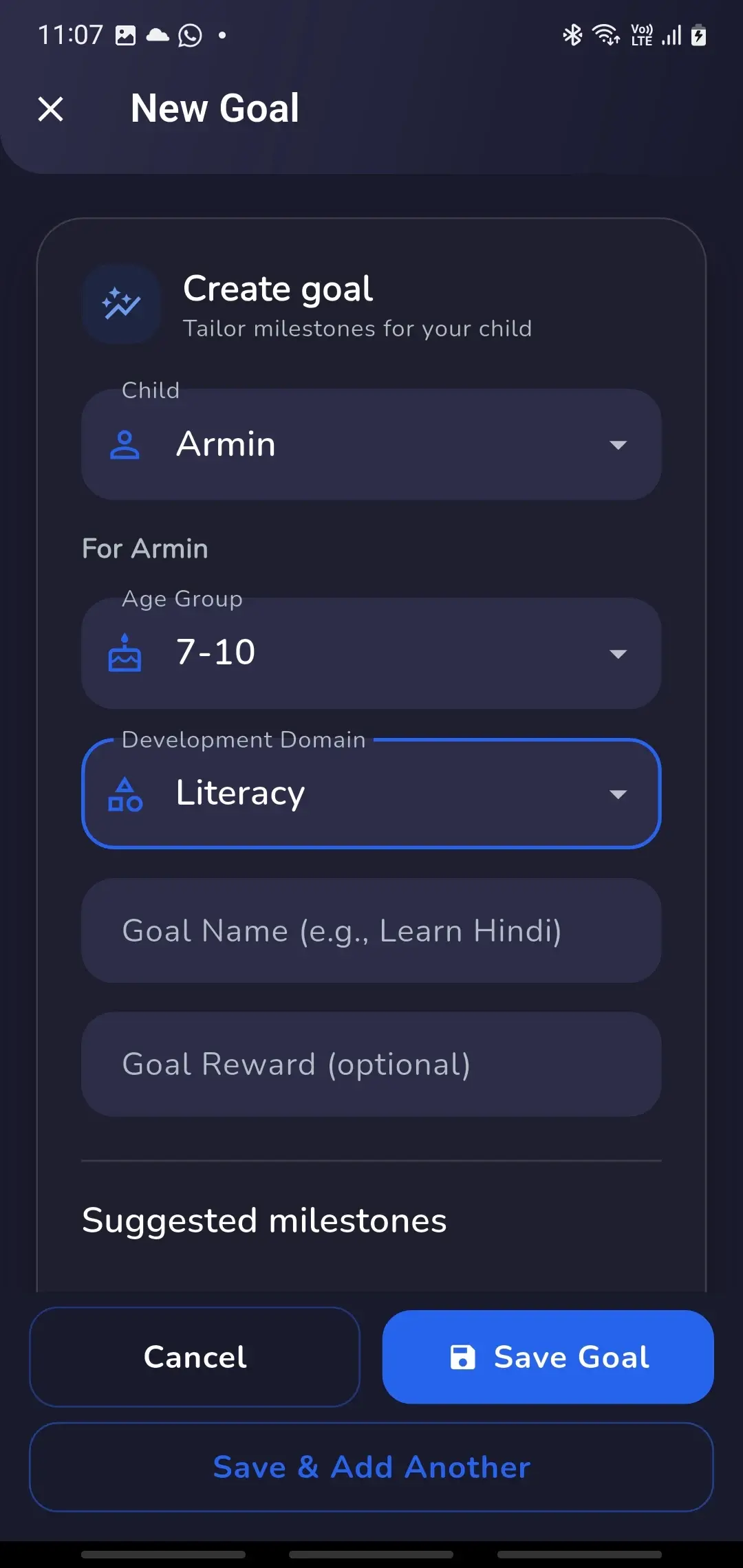 KidzPAN Parent app goal creation screen with age group and development domain options.
