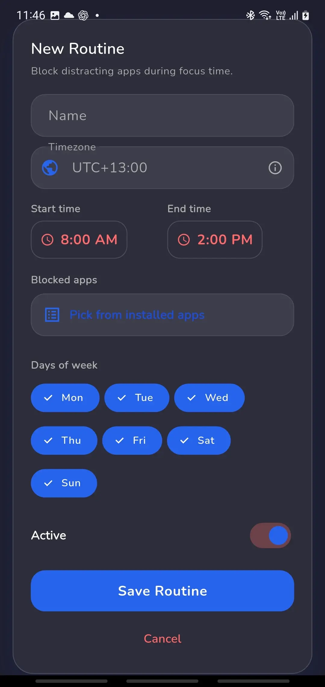 KidzPAN Parent app routine setup screen for focus time and blocked apps.