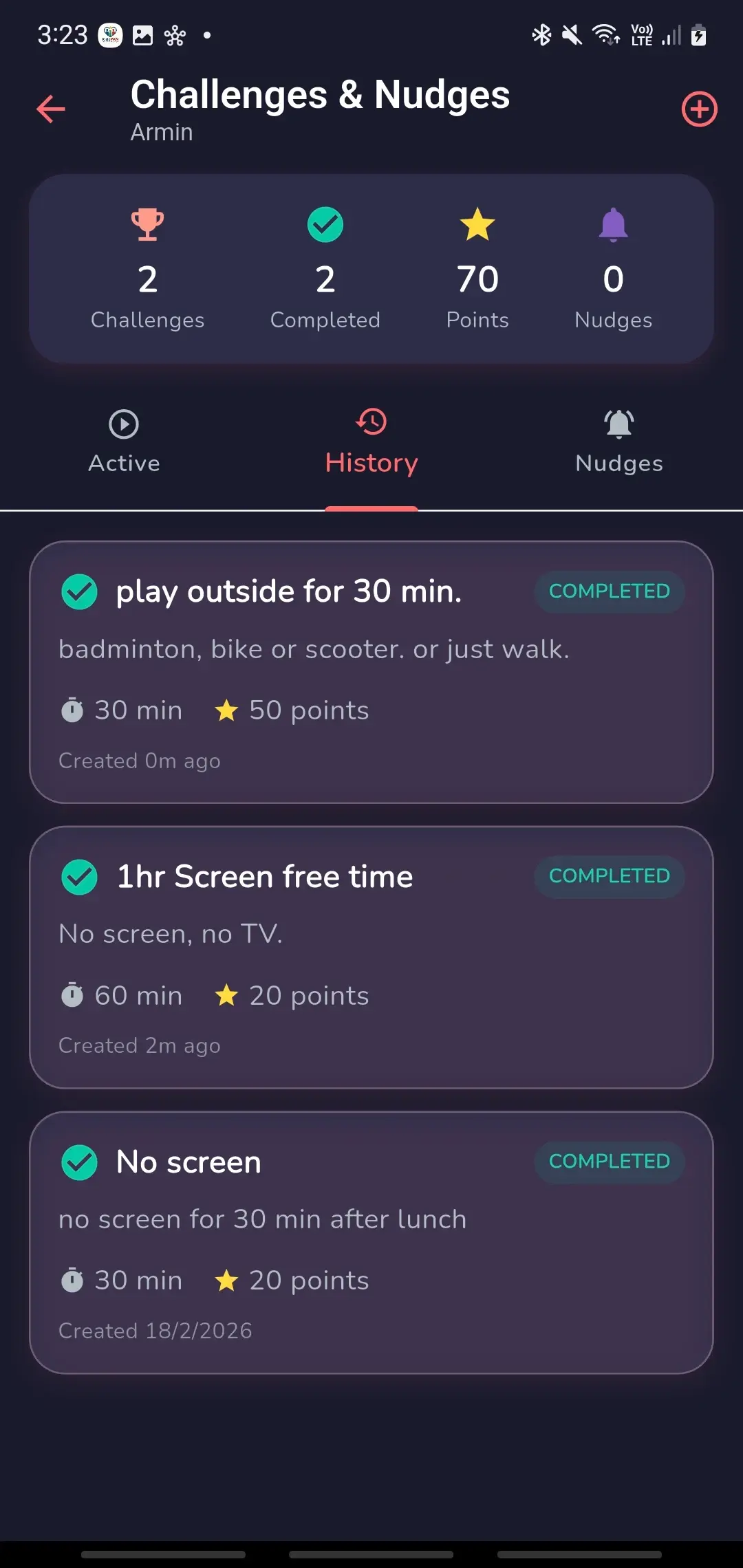 KidzPAN Parent app challenges and nudges history with completed offline activities.